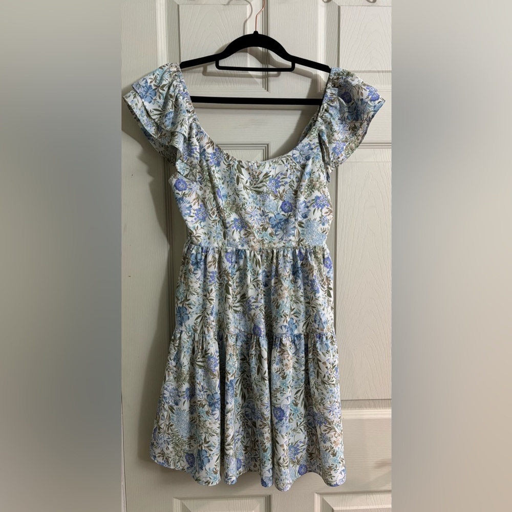 Altar'd State White Spring Summer Babydoll Tiered Dress Blue Green Floral Print
